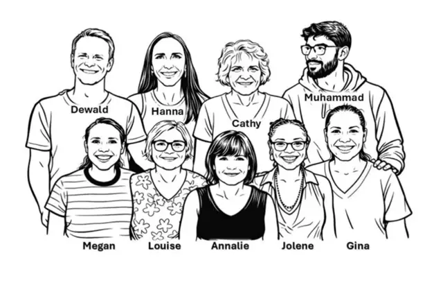 Illustrated group portrait of the Steenkamp Physiotherapy team
